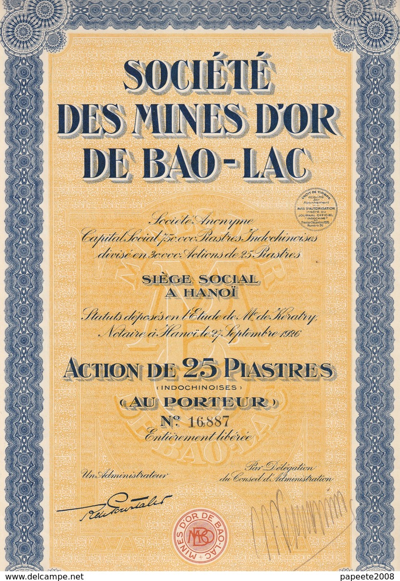 Indochine - Sté Des Mines D'or De Bao-Lac - Action De 25 Piastres - 1926 - Asia