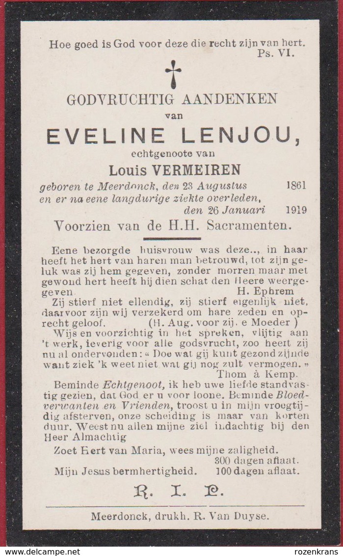 Eveline Lenjou Louis Vermeiren Meerdonck Meerdonk Litho Lithographie 1919 Doodsprentje Bidprentje Image Mortuaire - Sint-Gillis-Waas