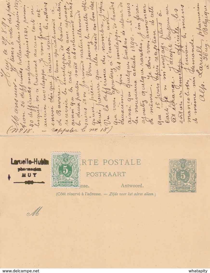 DDX 115 - Entier Double Lion Couché 5 C + TP Dito HUY 1891 Vers La Bavière - Cachet Laruelle-Hubin , Pharmacien à HUY - Postcards 1871-1909