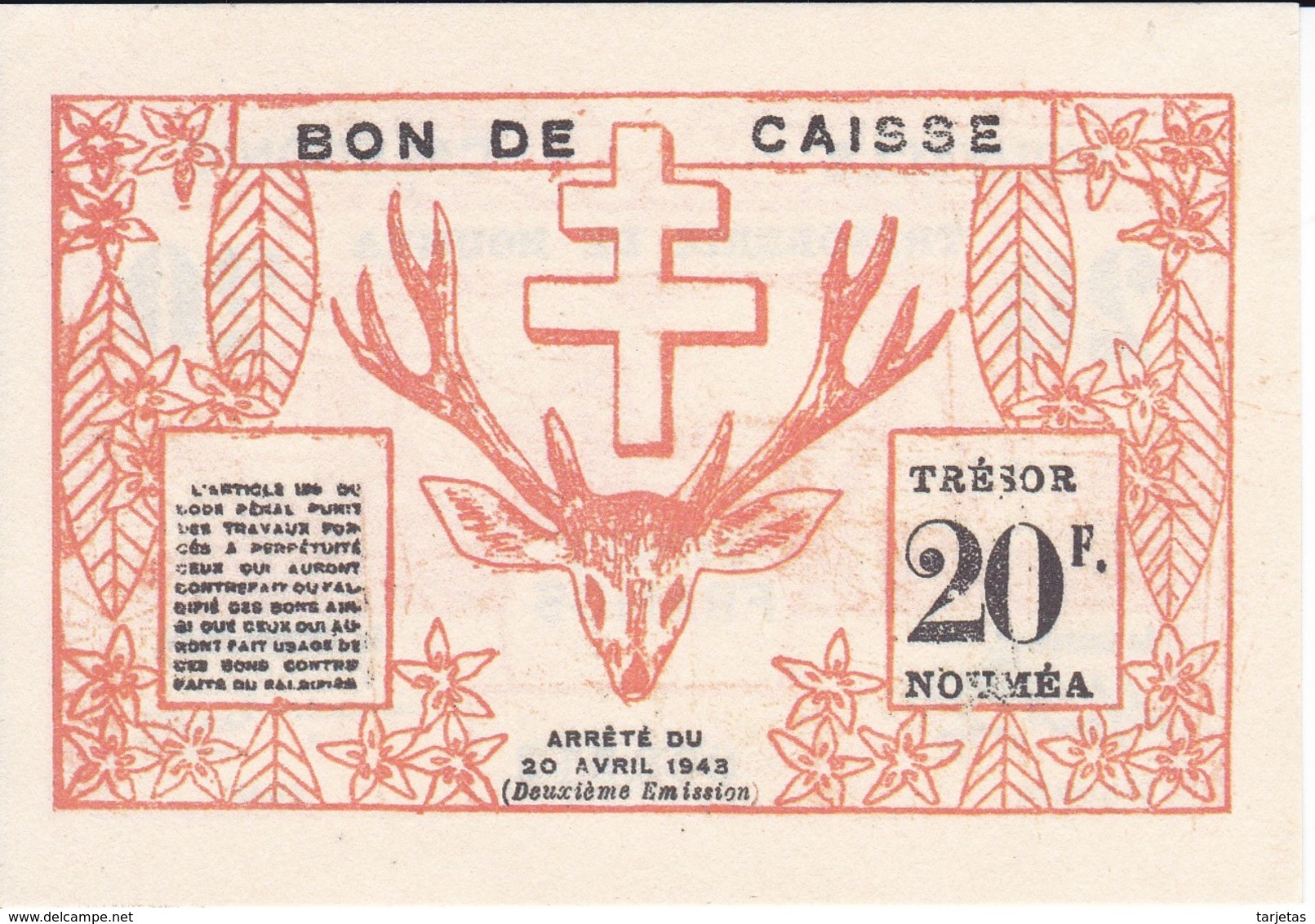 BILLETE DE NOUVELLE CALEDONIE DE 20 FRANCS DEL AÑO 1943 (BANKNOTE)(posible Reproducción) - Nouméa (New Caledonia 1873-1985)