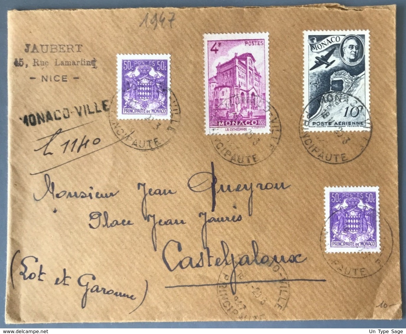 Monaco - Lettre 1947 + Griffe MONACO-VILLE Pour Casteljaloux - (W1485) - Storia Postale