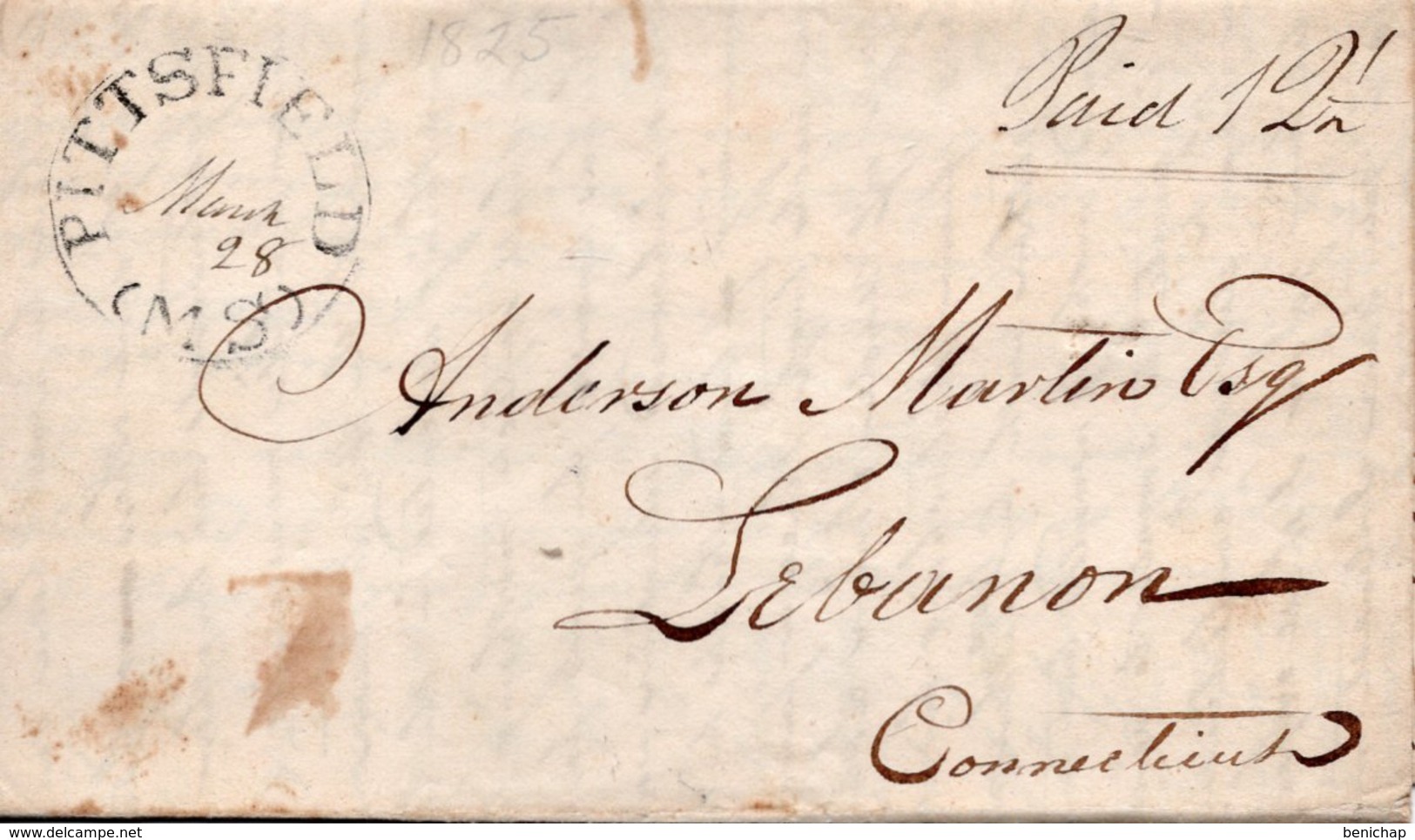 (R6) LAC 28 March 1825 - Paid 12 1/2 Rate - PITTSFIELD (MS) To LEBANON Connecticut . - …-1845 Préphilatélie