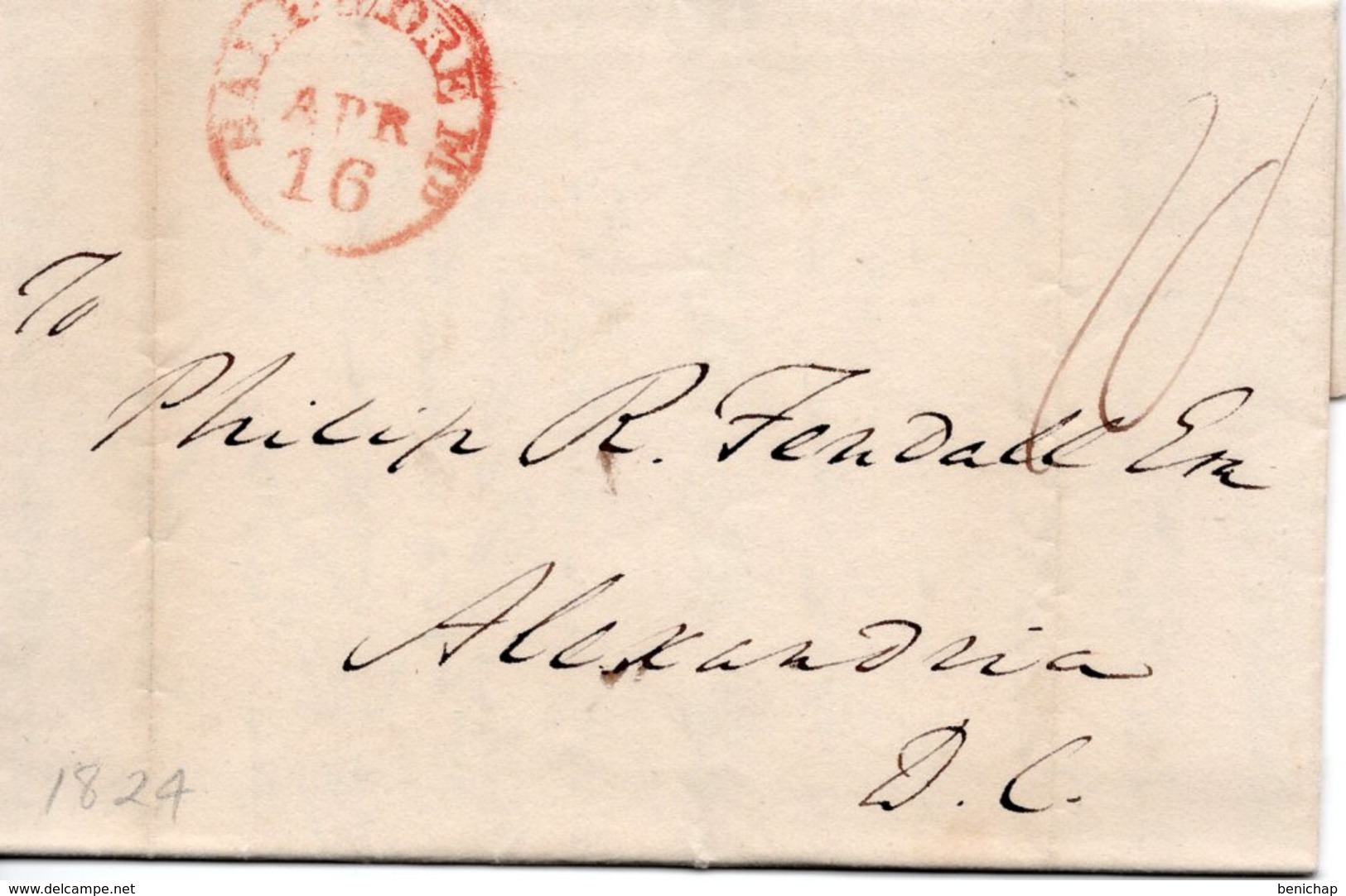 (R2) LAC 16 April 1824 - Stampless -  Paid 10 C Rate - BALTIMORE MARYLAND TO ALEXANDRIA (D.C.). - …-1845 Préphilatélie
