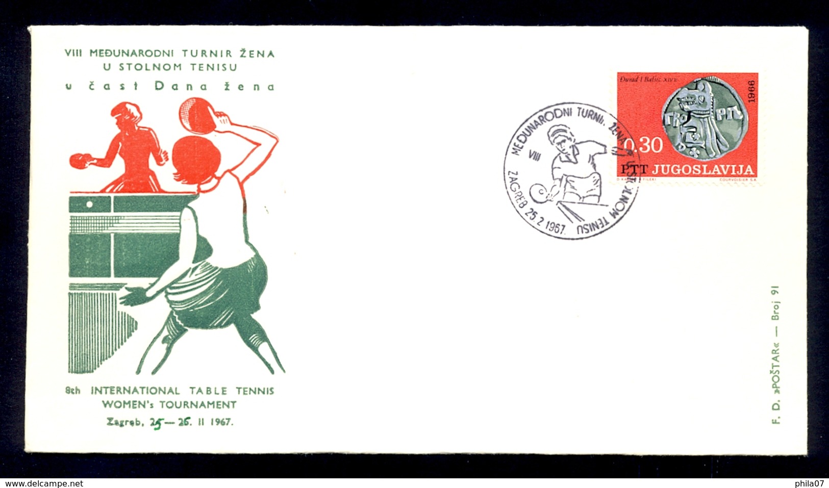 YUGOSLAVIA 1967 - Commemorative Envelope And Cancel For TABLE TENNIS Tournament - Tenis De Mesa