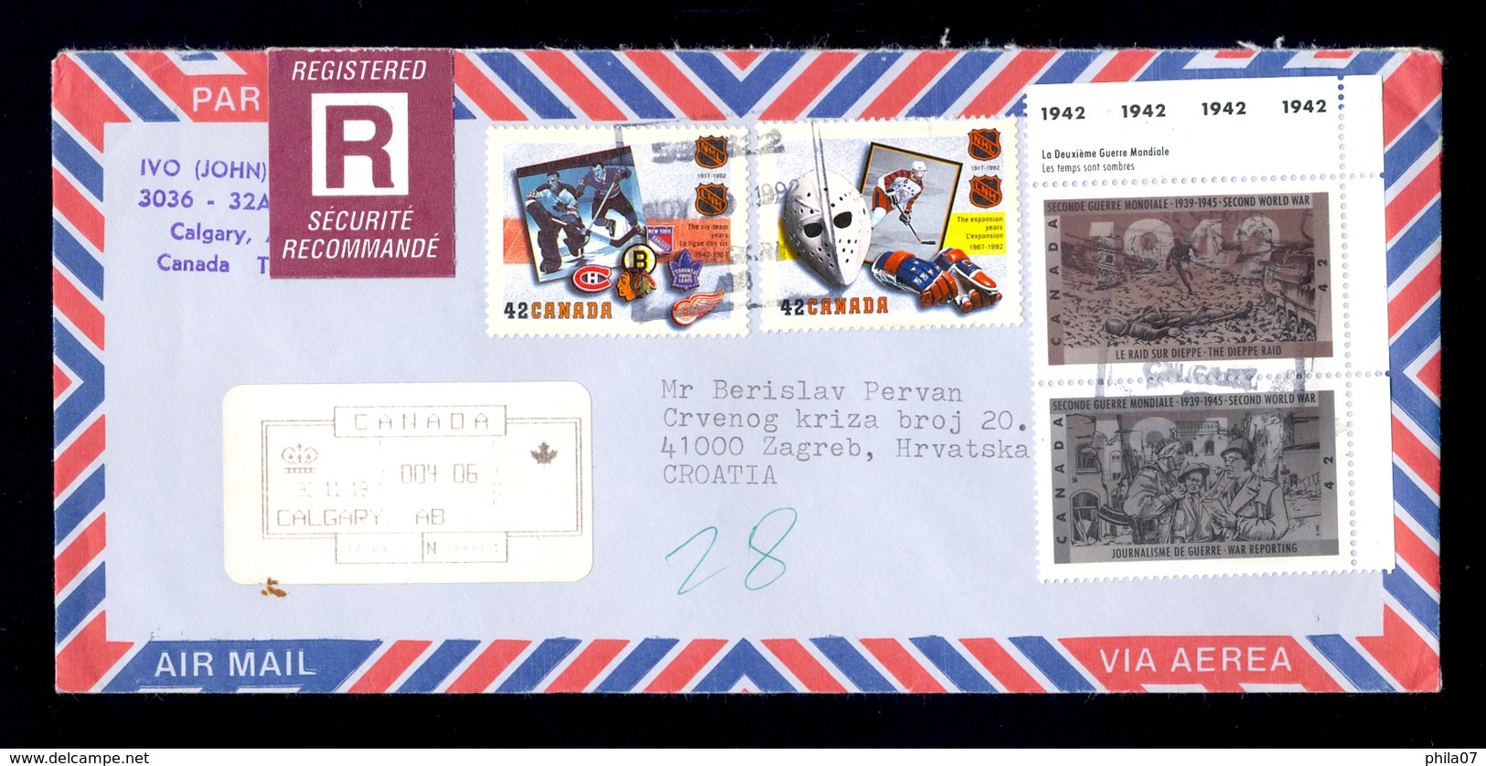 CANADA - Registered Sent Letter 1992 To Zagreb (Croatia) Hockey Stamps - Eishockey
