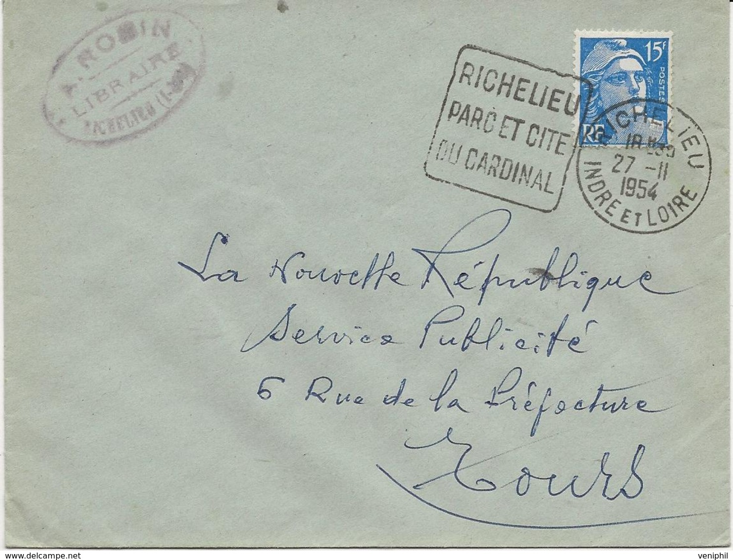 LETTRE OBLITERATION DAGUIN -  RICHELIEU PARC ET CITE DU CARDINAL - INDRE ET LOIRE - ANNEE 1954 - Mechanical Postmarks (Other)