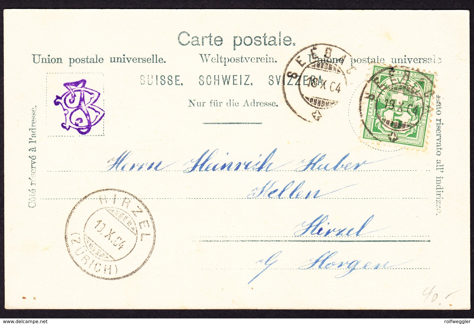 1904 Gelaufene AK Aus Seebach Nach Hirzel - Hirzel