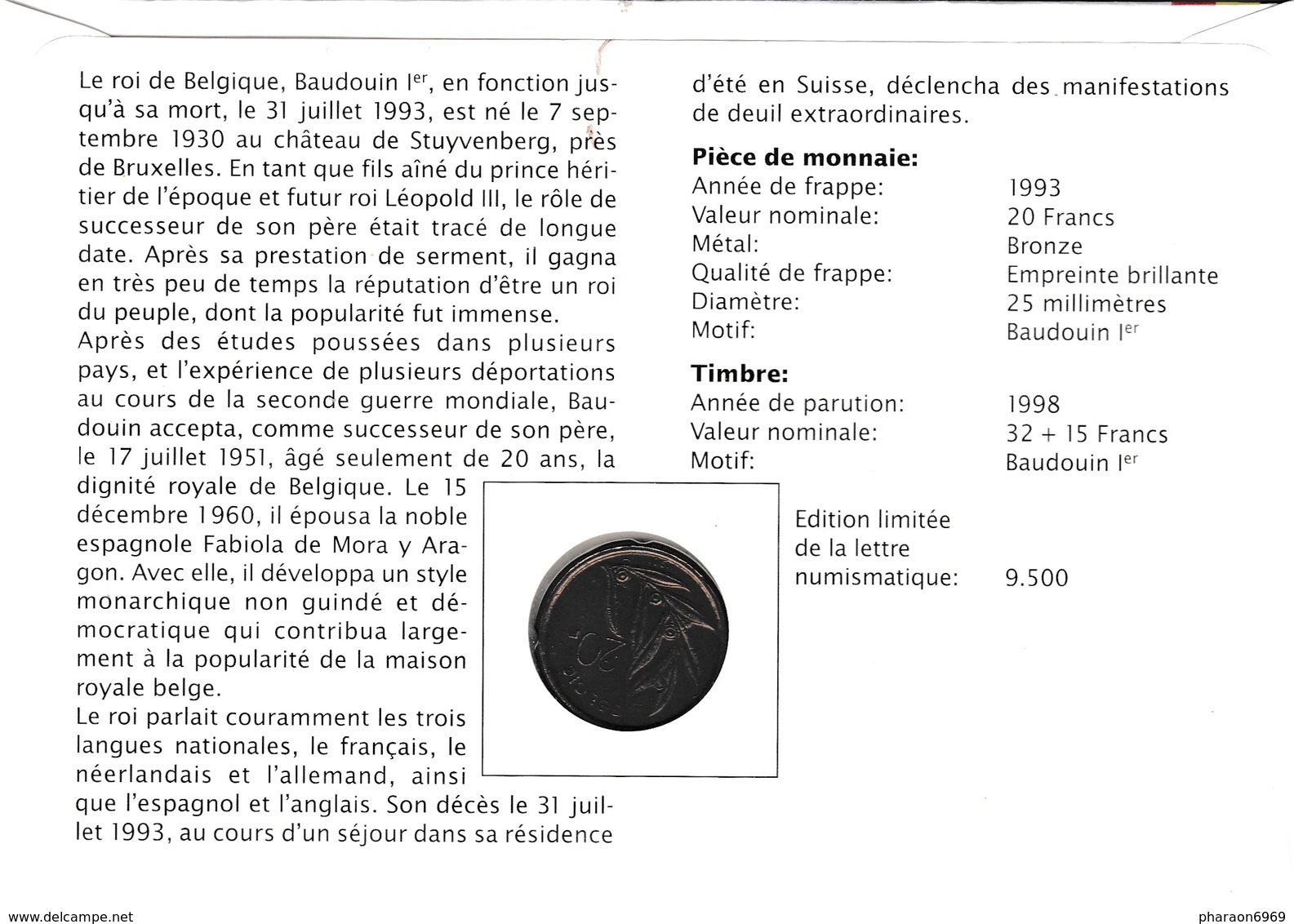 2 Scans Enveloppe Numérotée 2739 Roi Baudoin Ier Pièce 20 Francs Belges - Numisletter