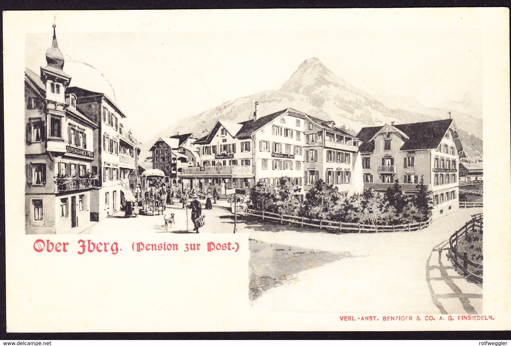 1908 Oberiberg, Pension Zur Post Mit Postkutsche, Gelaufene AK Nach Zürich, Rechts Unten Bugspur - Oberiberg