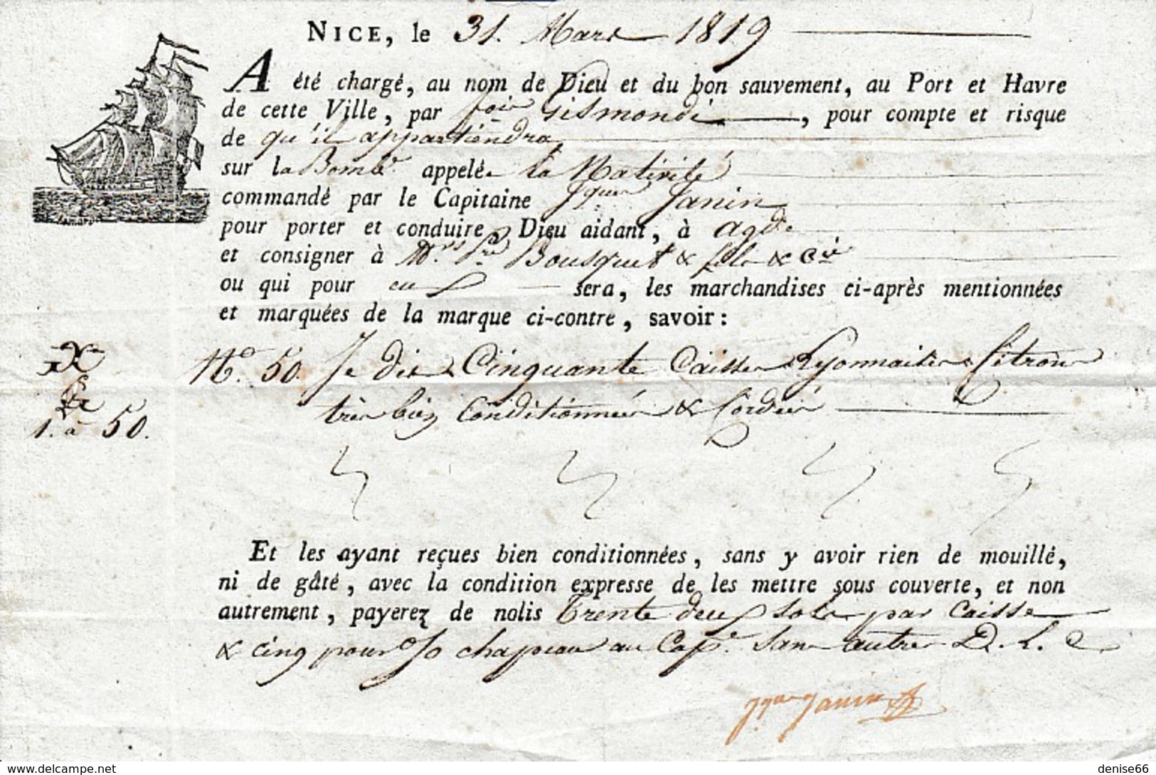 1819 NICE-AGDE Connaissement Bombarde "La Nativité" - 50 Caisses Lyonnaises De CITRONS - Historical Documents