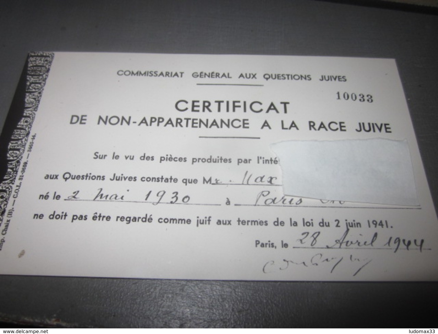 Certificat De Non Appartenance A La Race Juive 1944 - 1939-45
