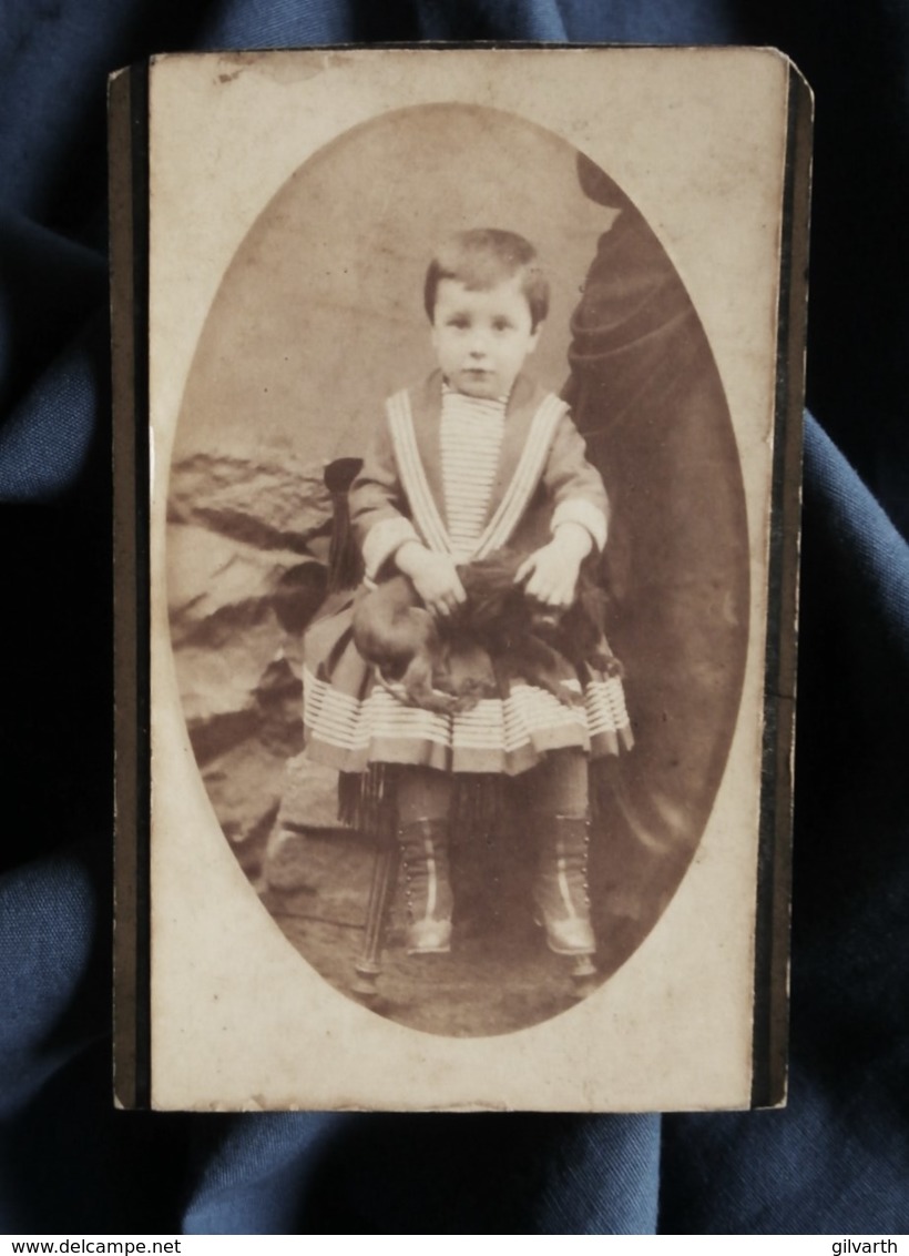 Photo CDV Dinot à Nancy - Petit Garçon En Robe Avec Petit Chien Sur Les Genoux,  Circa 1890 L503A - Old (before 1900)