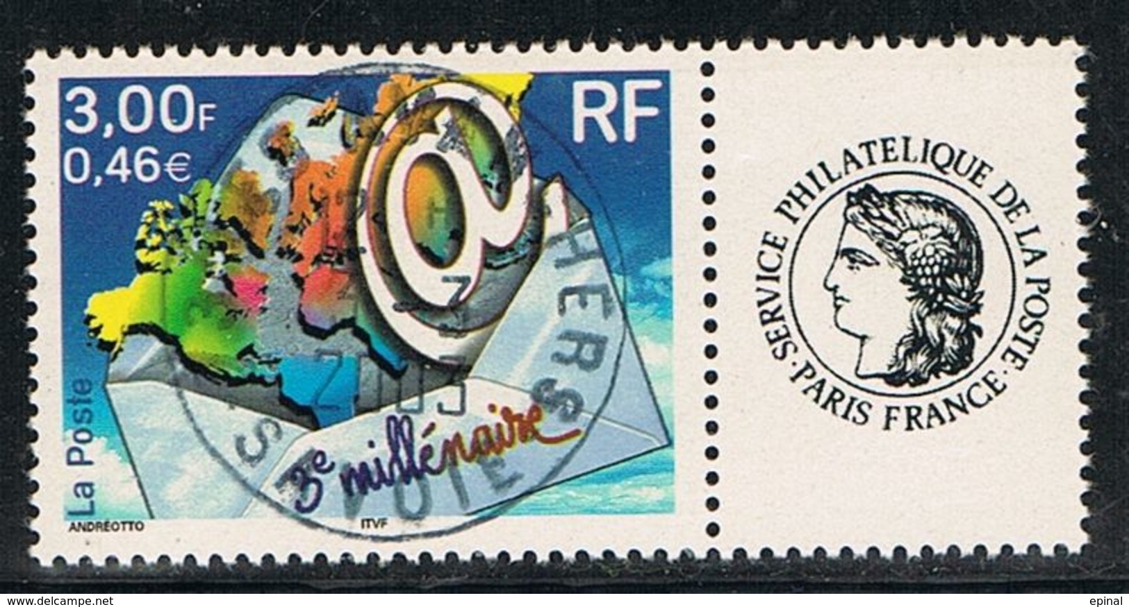 FRANCE : N° 3365B Oblitéré Avec Vignette "service Philatélique"  "TàD Rond" ("3ème Millénaire") - PRIX FIXE - - Used Stamps