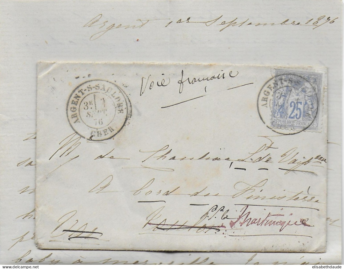 1876 - SAGE 25c N/B ! Sur LETTRE => TOULON READRESSEE PORT-PAYE ! = MARTINIQUE Par VOIE FRANCAISE - 1876-1878 Sage (Type I)