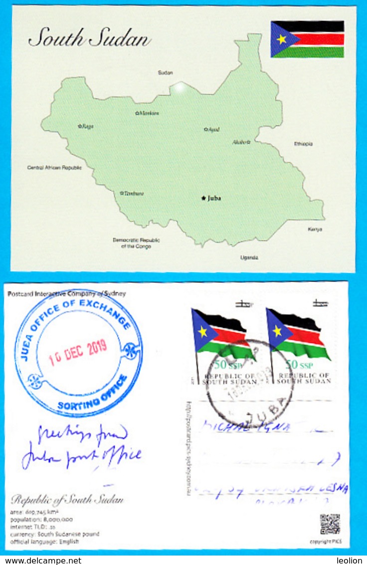 SOUTH SUDAN Postally Used 2019 Map Of South Sudan Postcard, 2x 50 SSP Overprint On National Flag Südsudan Soudan Du Sud - Sudán Del Sur