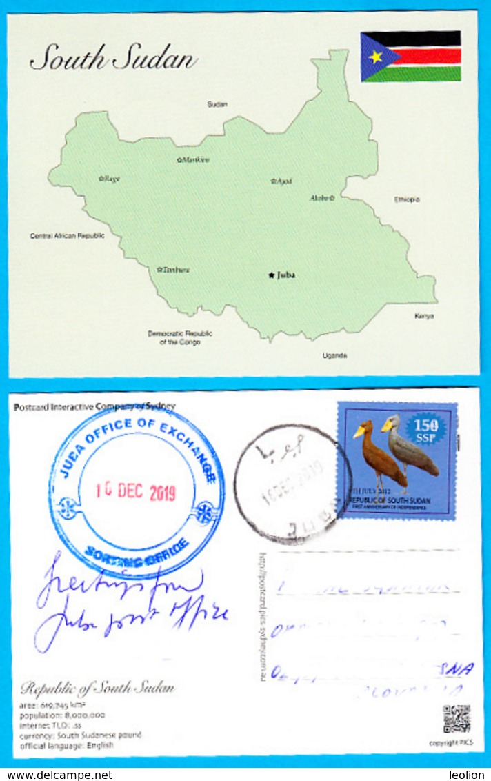 SOUTH SUDAN Postally Used 2019 Map Of South Sudan Postcard 150 SSP Overprint On Birds Südsudan Soudan Du Sud - South Sudan