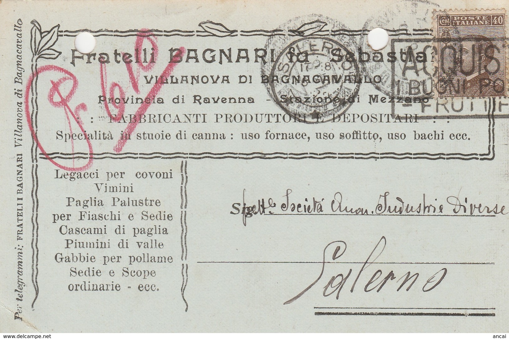 Villanova Di Bagnocavallo. 1928. Annullo Guller Su Cartolina Postale PUBBLICITARIA - Marcophilie