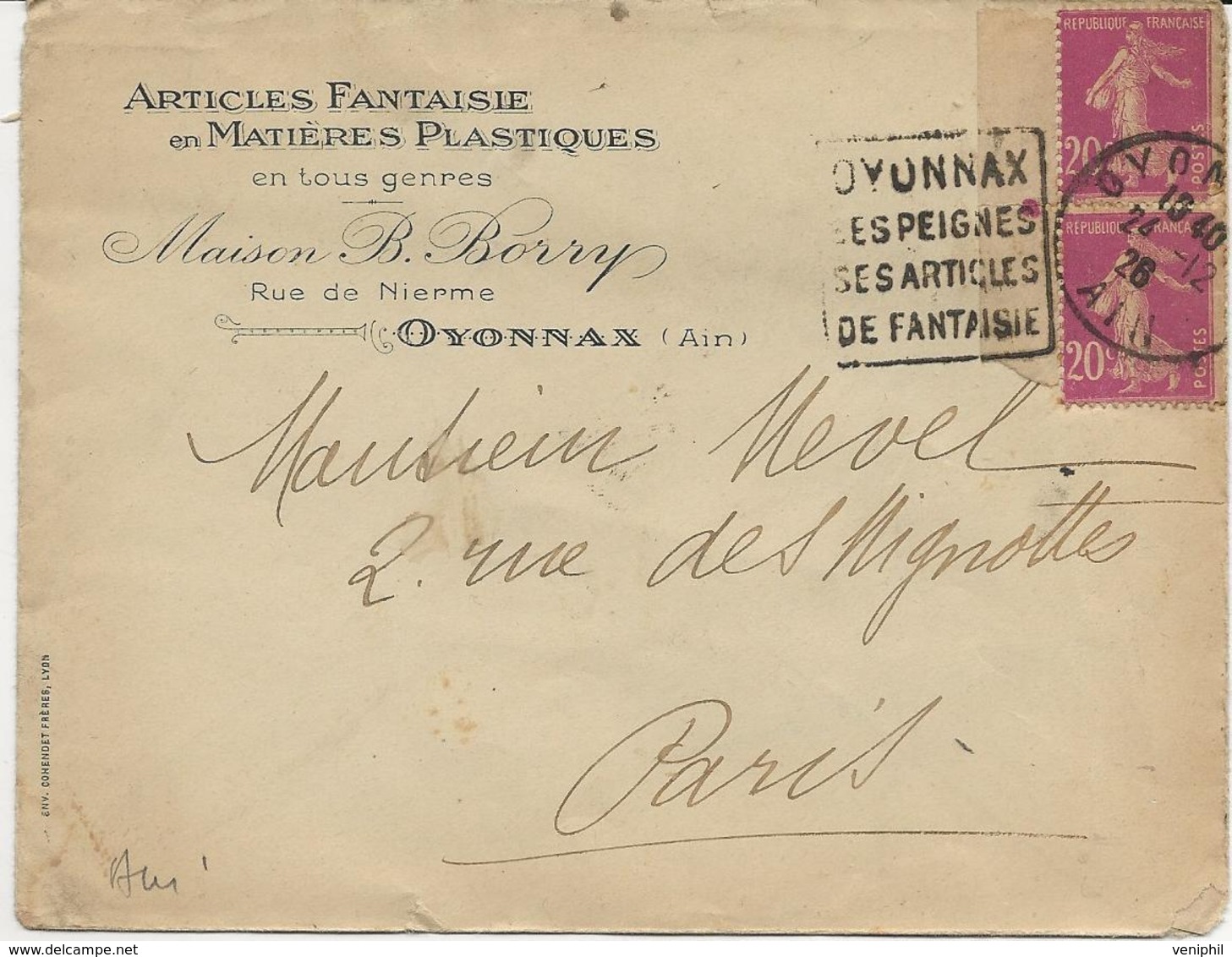 LETTRE OBLITERATION DAGUIN " OYONNAX - LES PEIGNES -SES ARTICLES DE FANTAISIE - AFFRANCHIE N° 190 - ANNEE 1926 - Mechanical Postmarks (Other)