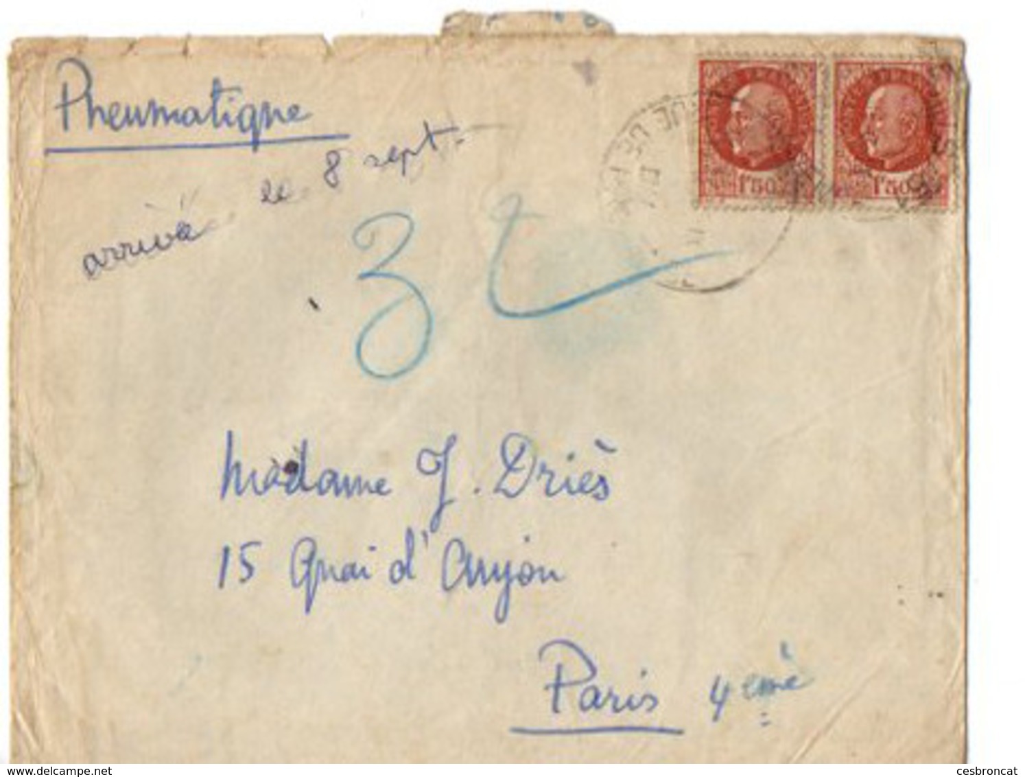 B11  07 09 1944 Lettre + Courrier En Pneumatique - Guerre De 1939-45