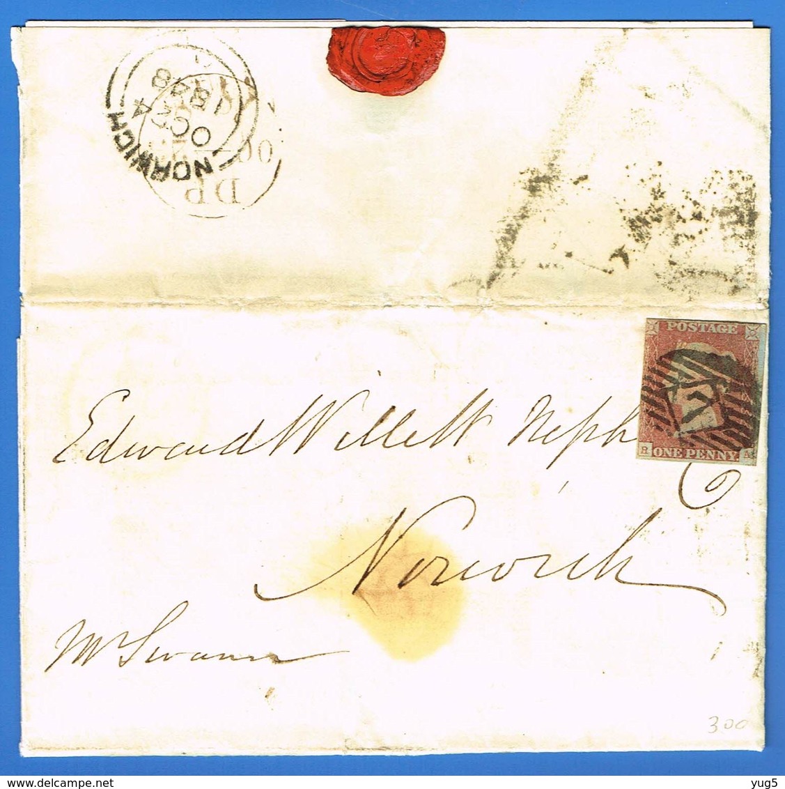 1p Rouge-brun Sur Azuré Lettres R-A (alphabet IV ??) Sur LAC  De Londres à Norwich OC23 1848. - Cartas & Documentos