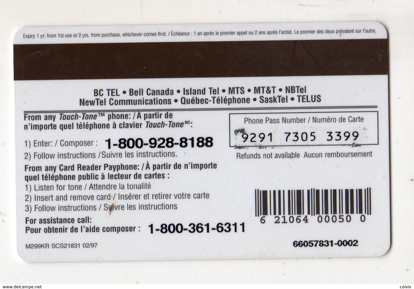 CANADA Recharge AGT HELLO 10$ SPORT CANOE KAYAK Date 02/1997 - Canada