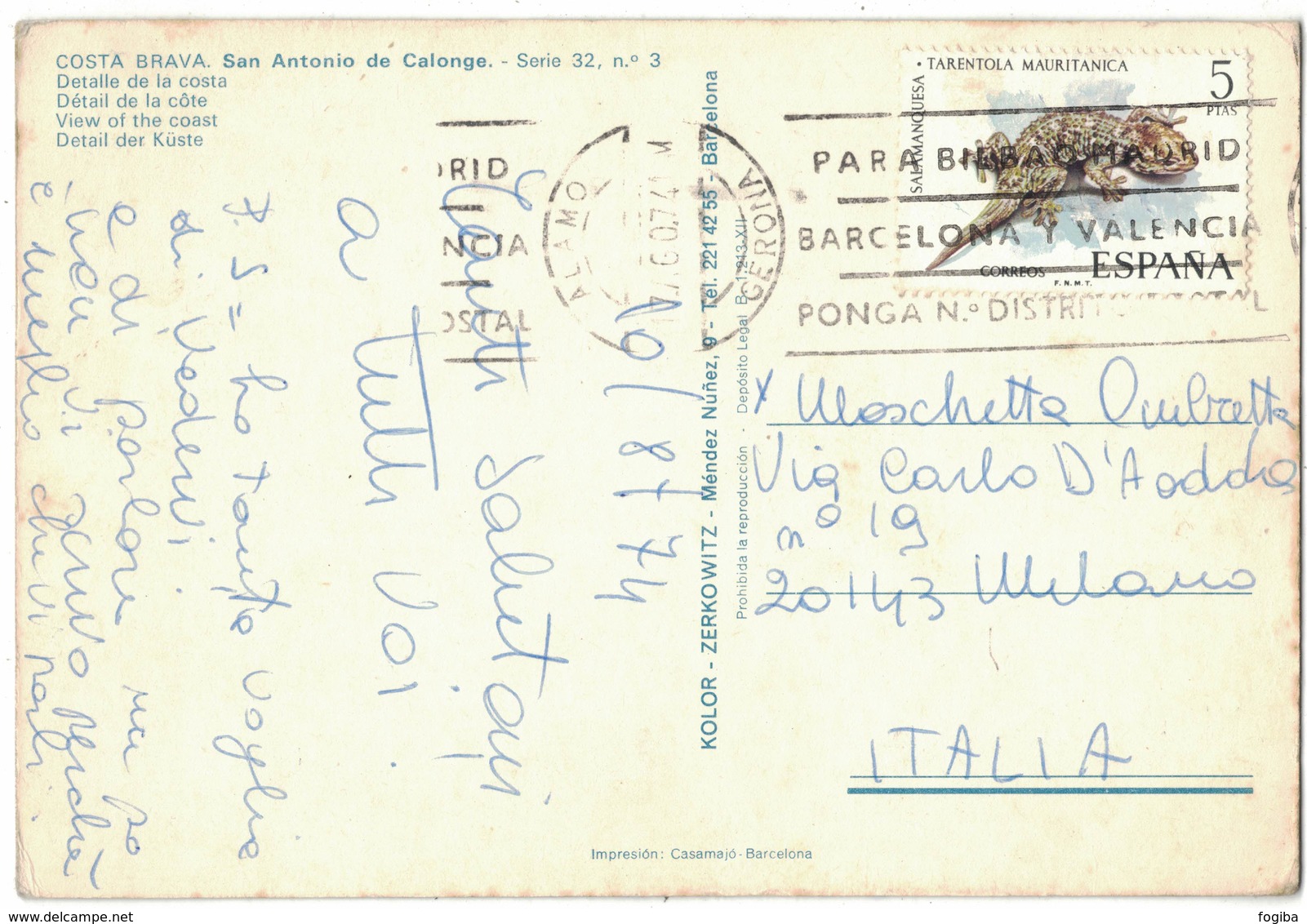 IC96   Spain 1974 Postcard Alamo (Gerona) To Italy - Reptiles 5pt Mi.Nr.2089 - Covers & Documents