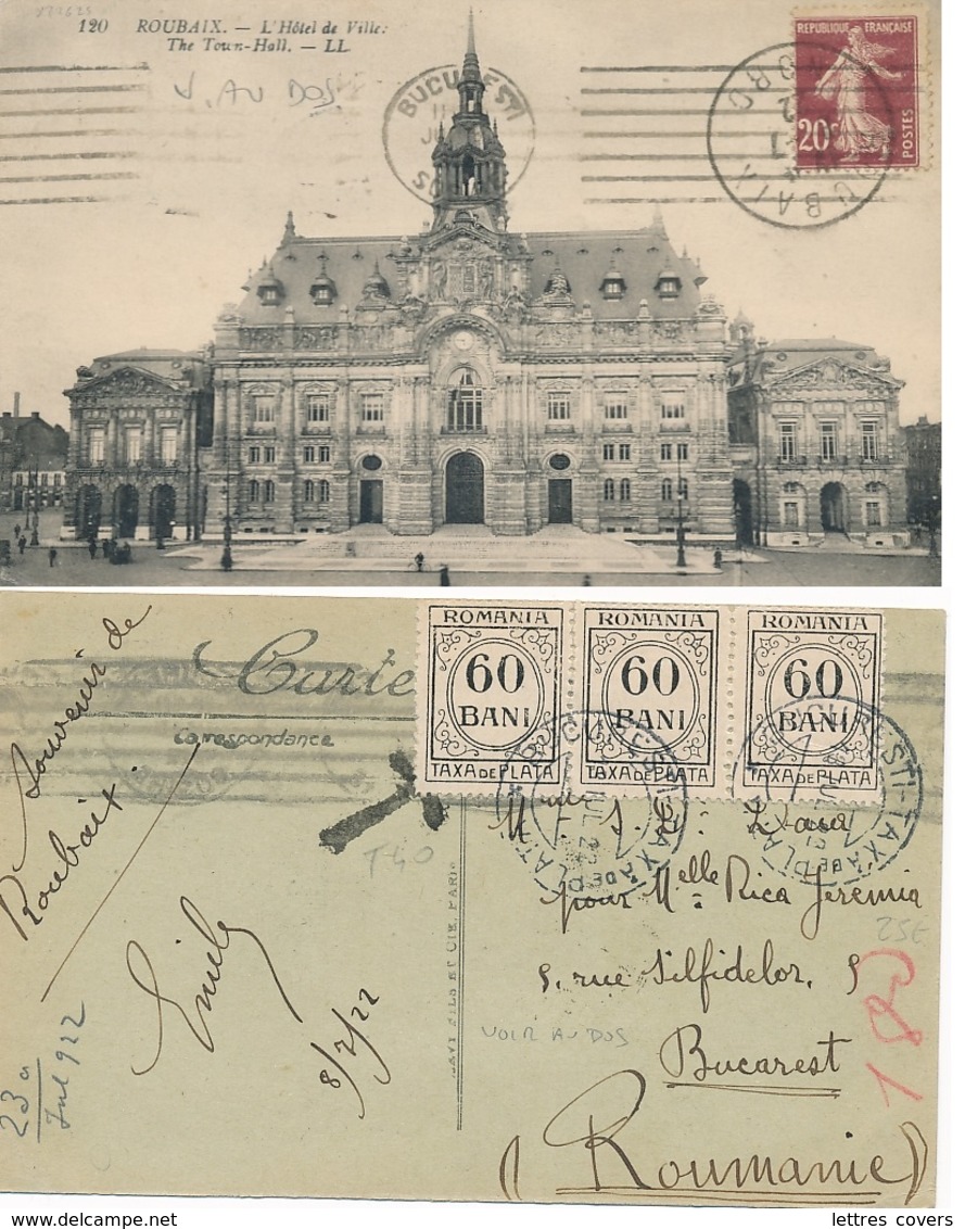 1922 ROUMANIE TAXA DE PLATA 60 Bani X 3 Ol BUCAREST CP De FRANCE Affrt SEMEUSE 20c TAXE DUE - Poststempel (Marcophilie)