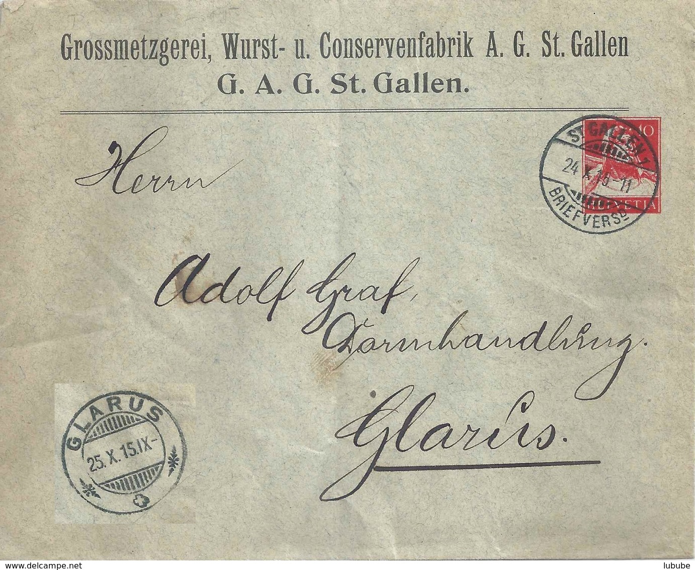 PrU-35  "Grossmetzgerei, Wurst- U. Conservenfabrik, St.Gallen"       1915 - Enteros Postales