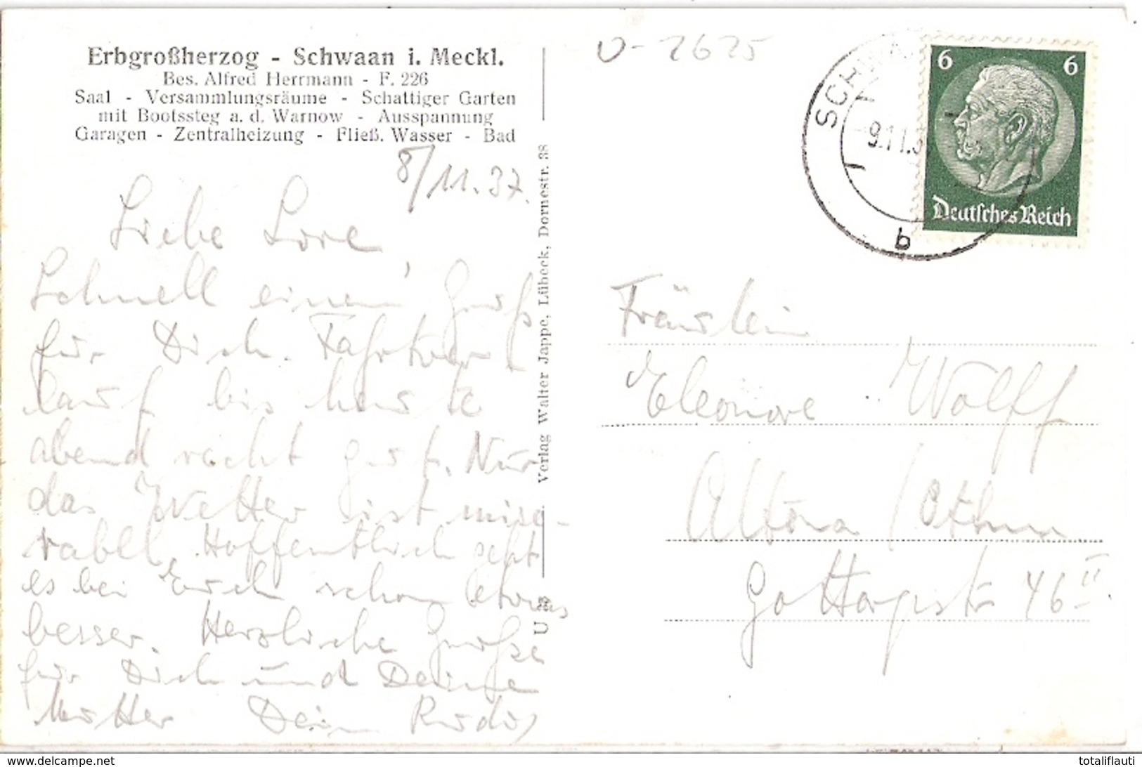 SCHWAAN Mecklenburg Hotel Restaurant Erbgroßherzog 9.11.1937 Gelaufen TOP-Erhaltung - Buetzow