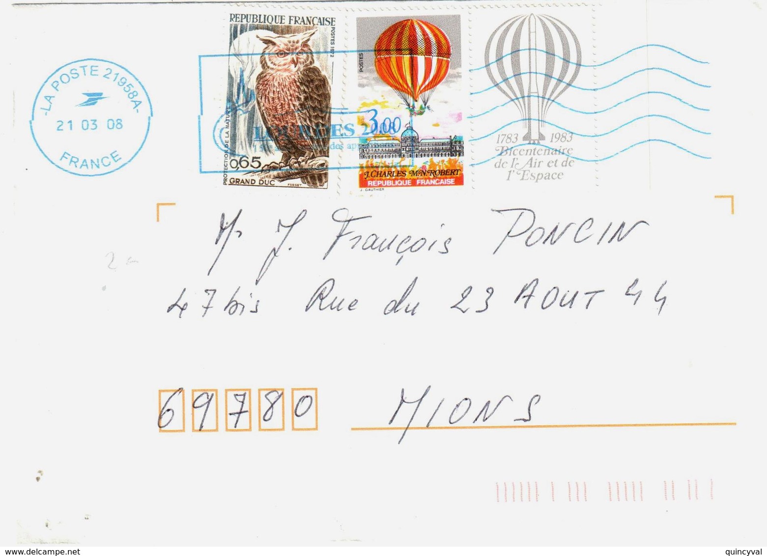 LOURDES Lettre 3,00 F Montgolfière 65c Grand Duc  Yv 2262 1694 - Storia Postale