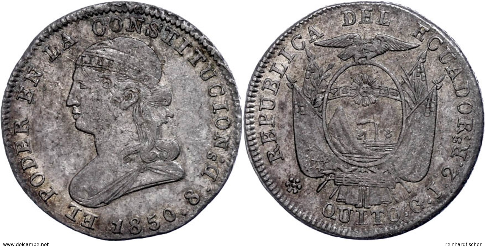 2 Reales, 1850, GJ, KM 33, Rauer Schrötling, Ss.  Ss-vz - Ecuador