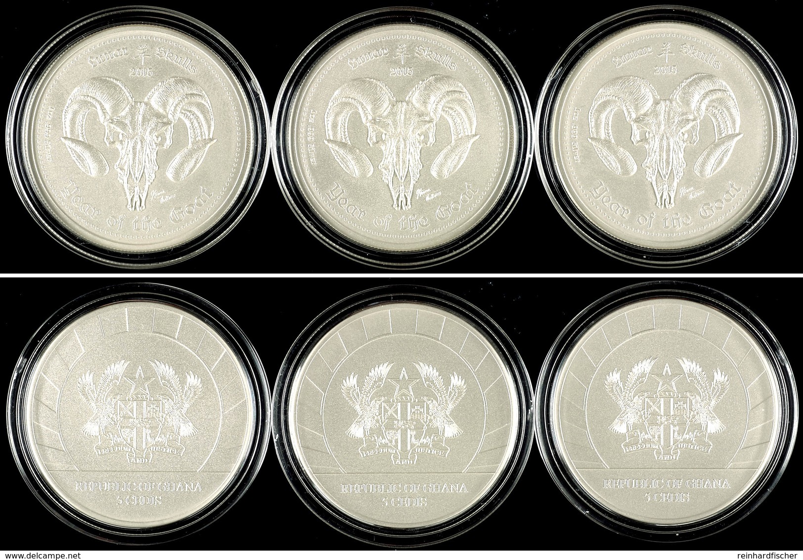 3x 5 Cedi, 2015, Lunar Skulls - Year Of The Goat, 1 Unze Silber, In Kapsel Mit Zertifikat, St. Auflage Nur 2.000 Stück.  - Ghana