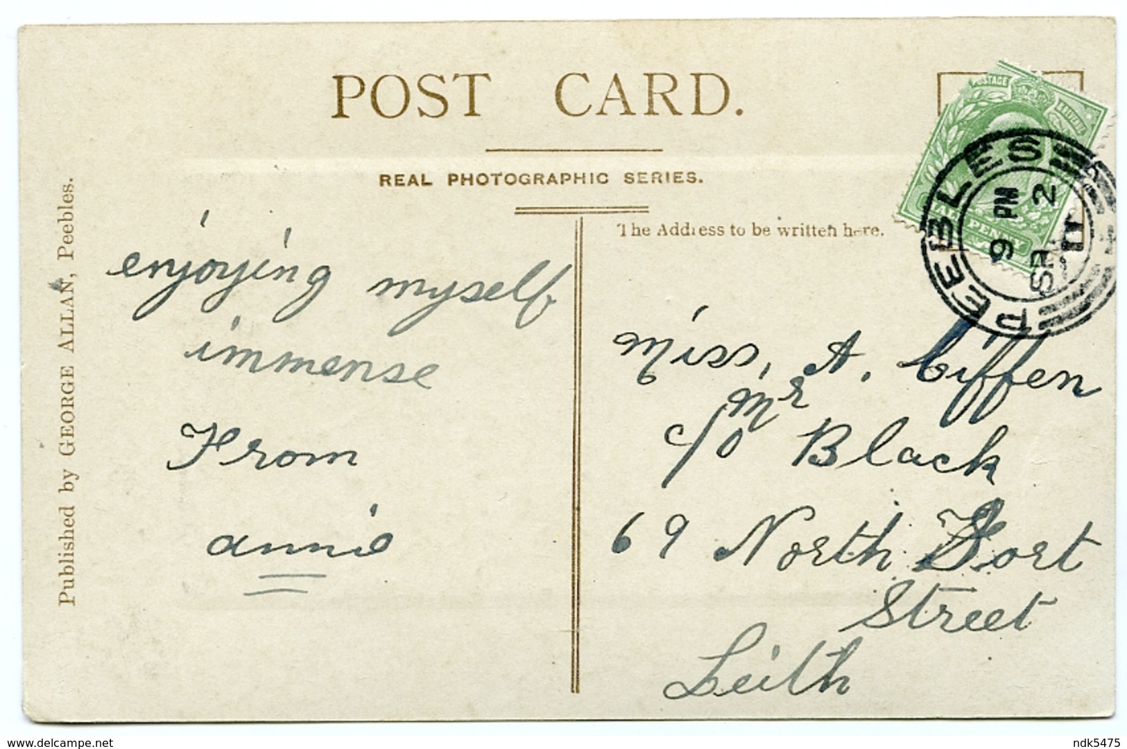 PEEBLES ON THE TWEED : POSTMARK - PEEBLES / ADDRESS - EDINBURGH, LEITH, NORTH FORT STREET - Peeblesshire