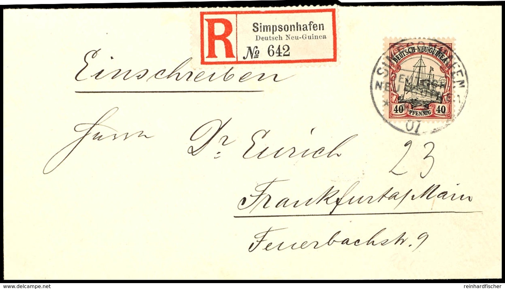 40 Pfg Kaiseryacht Auf Portogerechtem R-Brief Der 2. Gewichtsstufe Von KOS "SIMPSONHAFEN 30/4 07" Nach Frankfurt Mit Ank - Nouvelle-Guinée