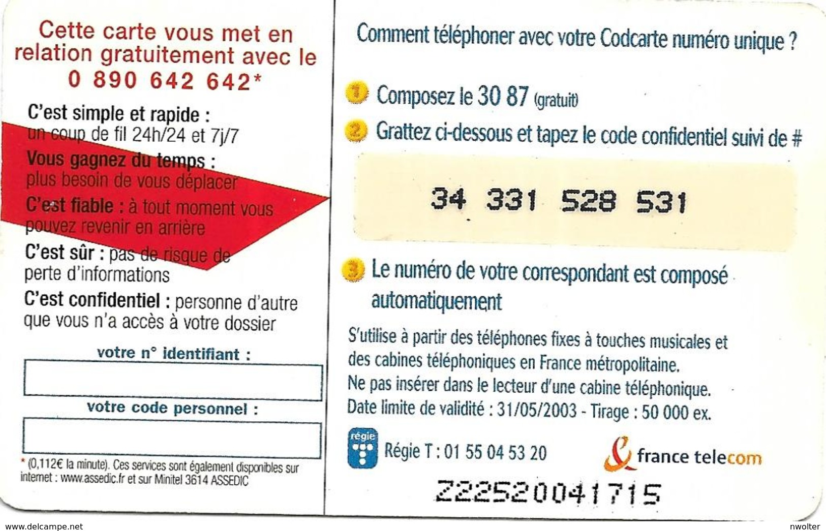 @+ Codcarte France Télécom - Unidialog Paris - 10min - Z22520041715 - Tickets FT
