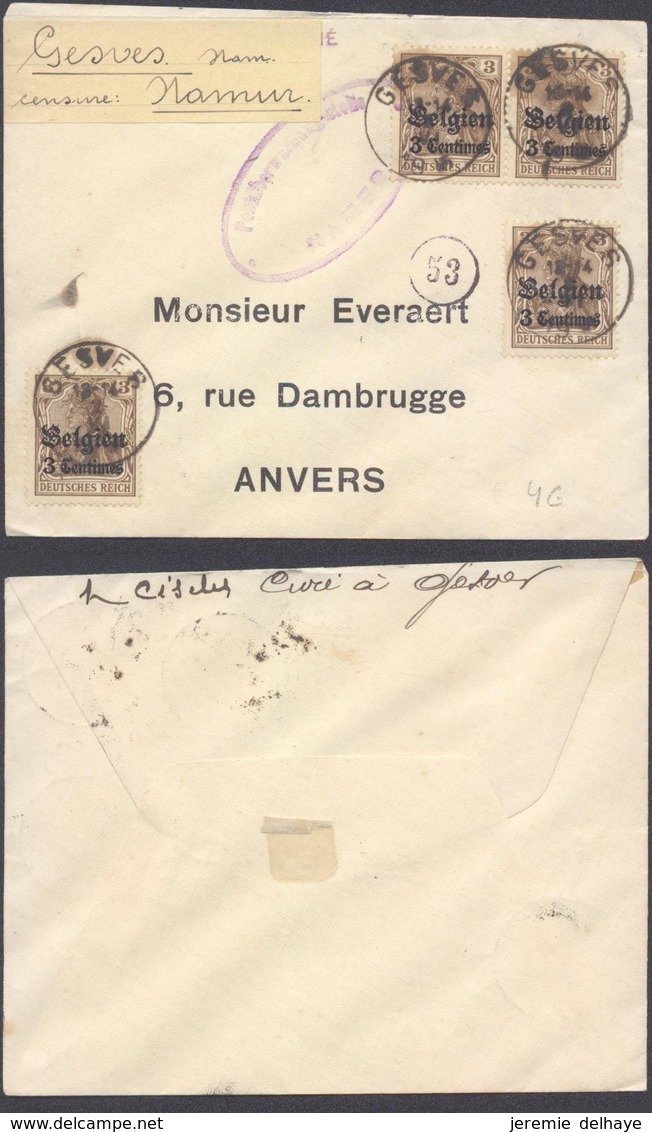 Guerre 14-18 - OC1 X4 Sur Petite Env. Obl Simple Cercle "Gesves" + Censure Namur > Anvers - OC1/25 Gouvernement Général