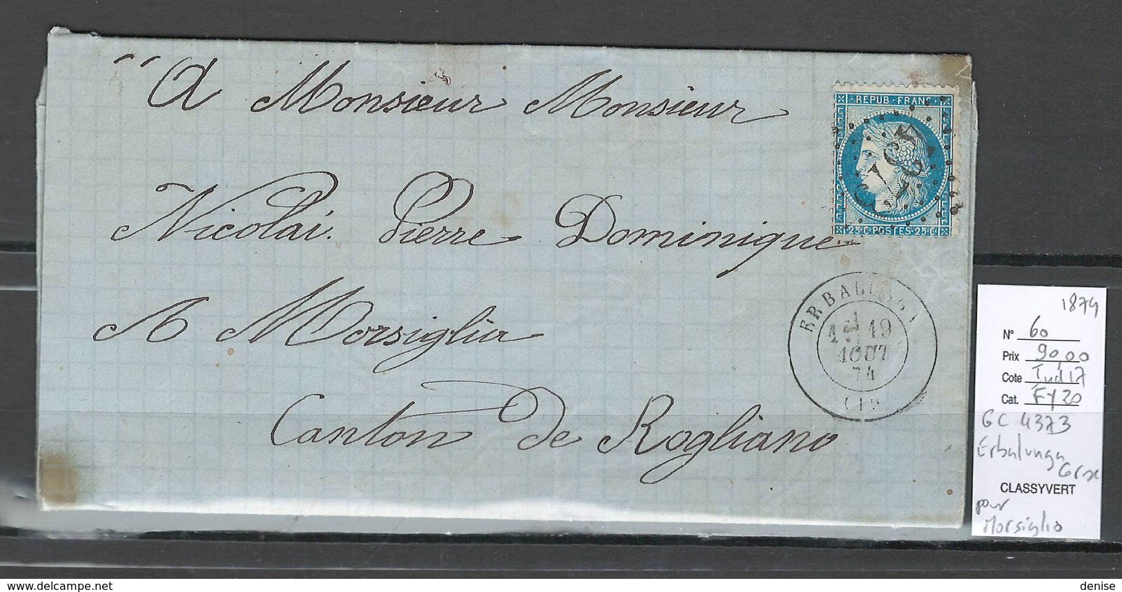 France - GC 4373 ERBALUNGA - CORSE - 1879 - 1849-1876: Classic Period