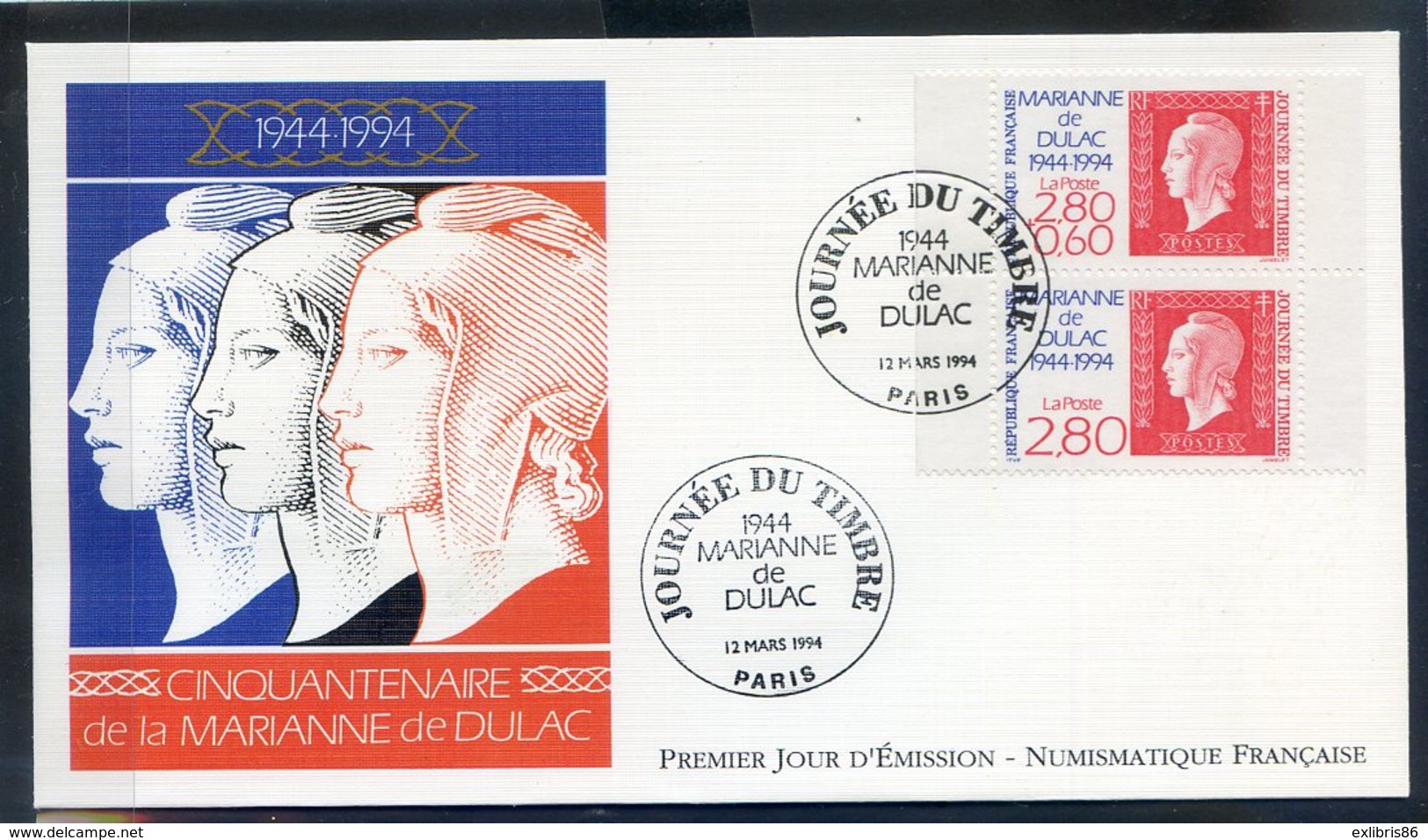 TIMBRE FRANCE...REF150520...DOCUMENT PHILATELIQUE 1ER JOUR ...12 Mars 1994 MARIANNE DE DULAC - 1990-1999