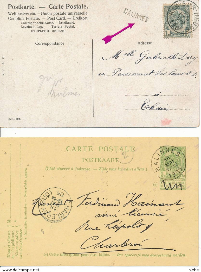 2 Cartes Cachet Linéaire Nalinnes Via Ham-sur-Lesse 21 NOV -1906 & Entiers Nalinnes 18 MAI 1905 - Griffes Linéaires