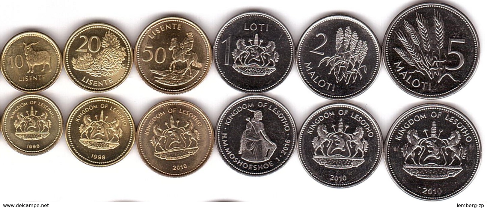 Lesotho - Set 6 Coins 10 20 50 Lisente 1 2 5 Maloti 1998 - 2016 UNC Lemberg-Zp - Lesotho