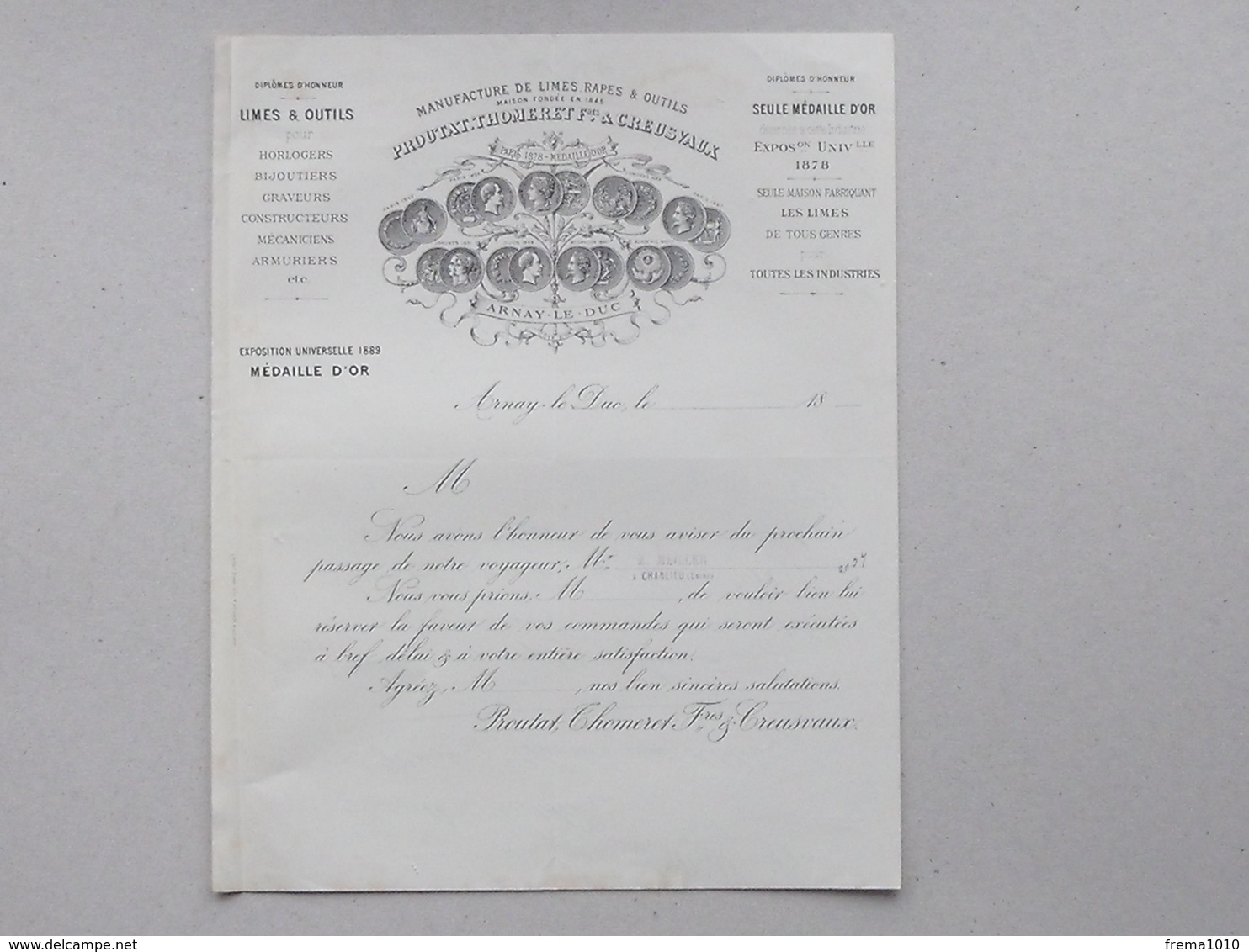 ARNAY-LE-DUC (21): Facture 1892 MANUFACTURE Limes & Outils PROUTAT-THOMERET Médaille D'or Exposition 1878 Et 1889 - 1800 – 1899