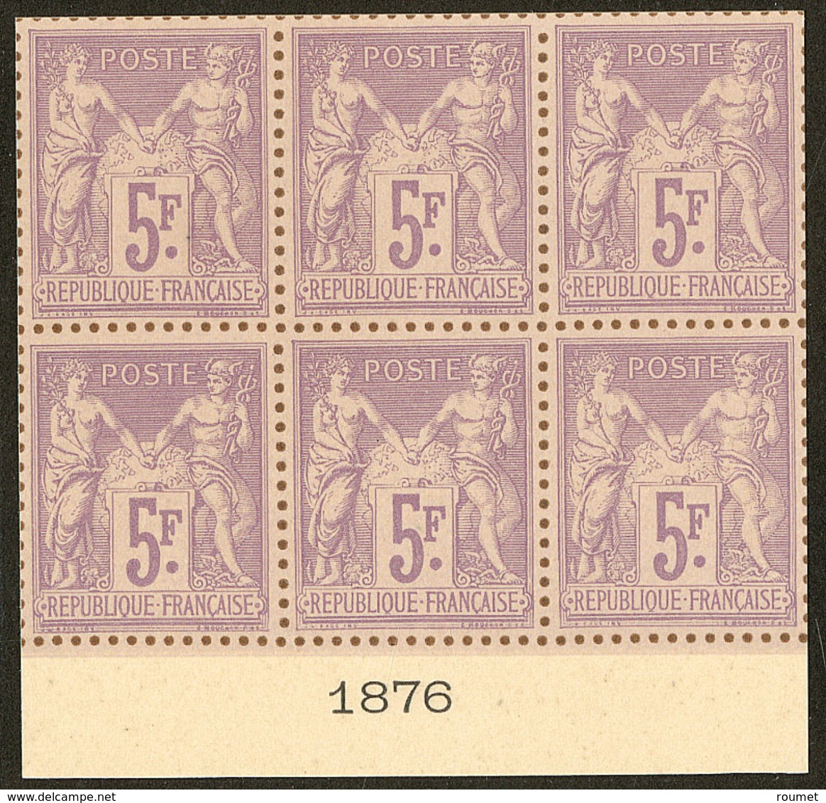 (*) Sage. 5f Violet Sur Lilas N°95, Bloc De Six Bdf Avec Date 1876, Superbe. - R - 1876-1878 Sage (Type I)