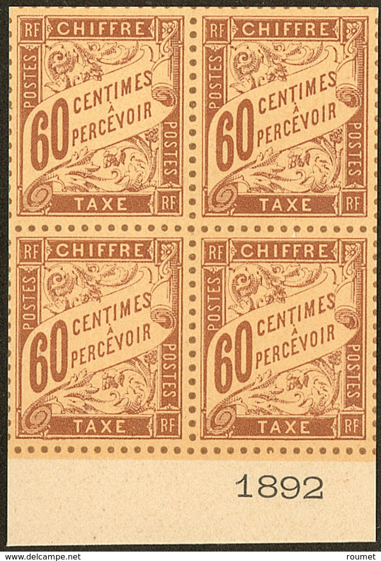 (*) Taxe. Non émis. 60c Bistre, Bloc De Quatre Bdf Avec Date 1892, Superbe Et 1e Pièce Vue à Ce Jour En Bloc De Quatre.  - Otros & Sin Clasificación