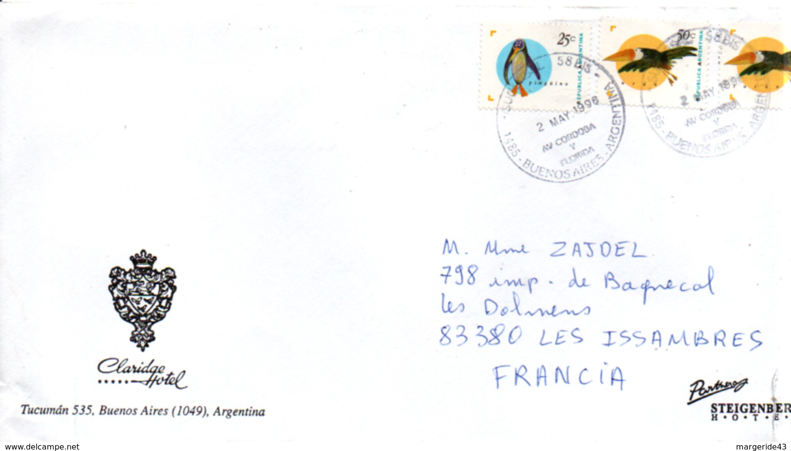 ARGENTINE LETTRE A EN TETE D'HOTEL DE BUENOS AIRES POUR LA FRANCE 1996 - Lettres & Documents