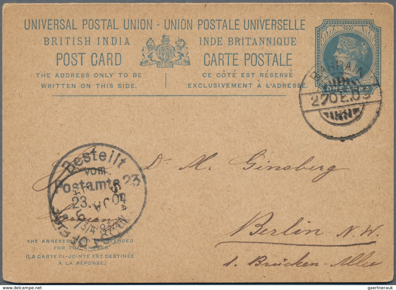 Bahrain: 1902 Indian Postal Stationery Double Card 1+1a. Blue Used From BAHRAIN To Germany In 1903, - Bahrain (1965-...)