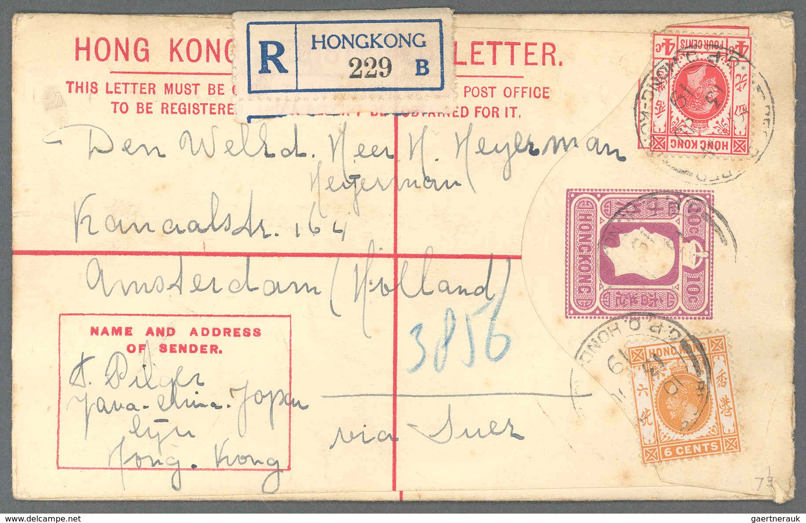 Hongkong - Ganzsachen: 1914, Registered Envelope KGVI 10 C. Uprated 4 C., 6 C. Canc. "REGISTERED HON - Postal Stationery