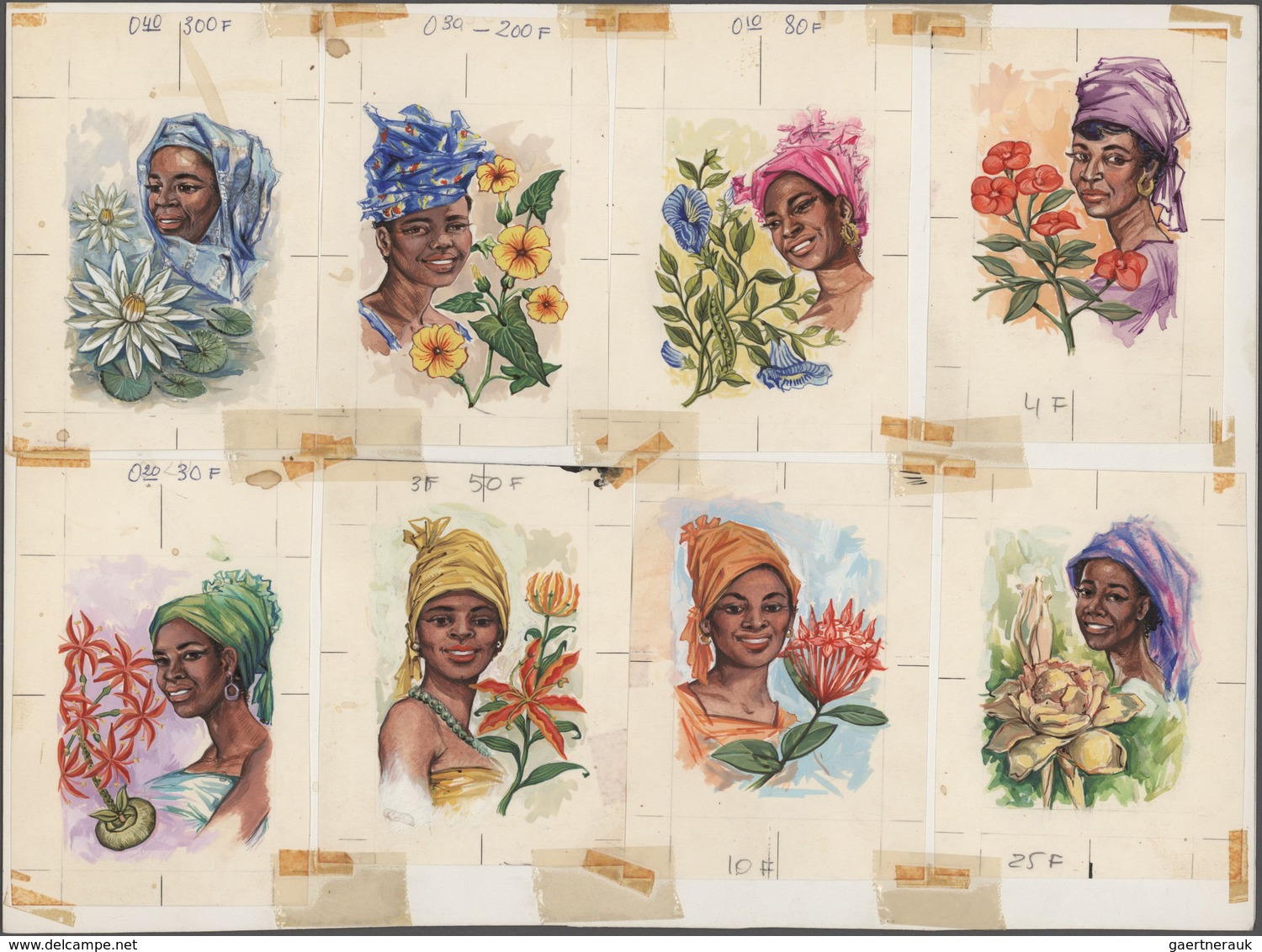 Thematik: Flora, Botanik / Flora, Botany, Bloom: 1966, Guinea. Set Of 8 ORIGINAL ARTIST'S DRAWINGS F - Sonstige & Ohne Zuordnung