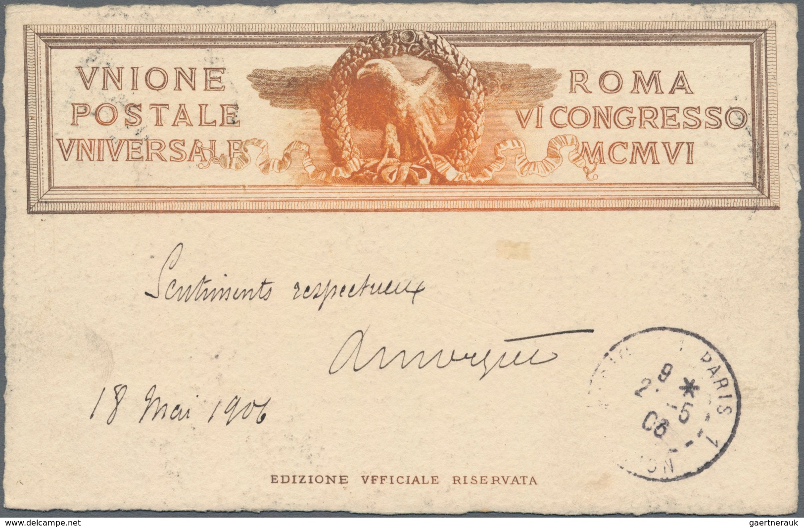 Thematik: UPU / United Postal Union: Italien 1906, Kongreß-Postkarte "Vnione Postale Vniversale Roma - U.P.U.