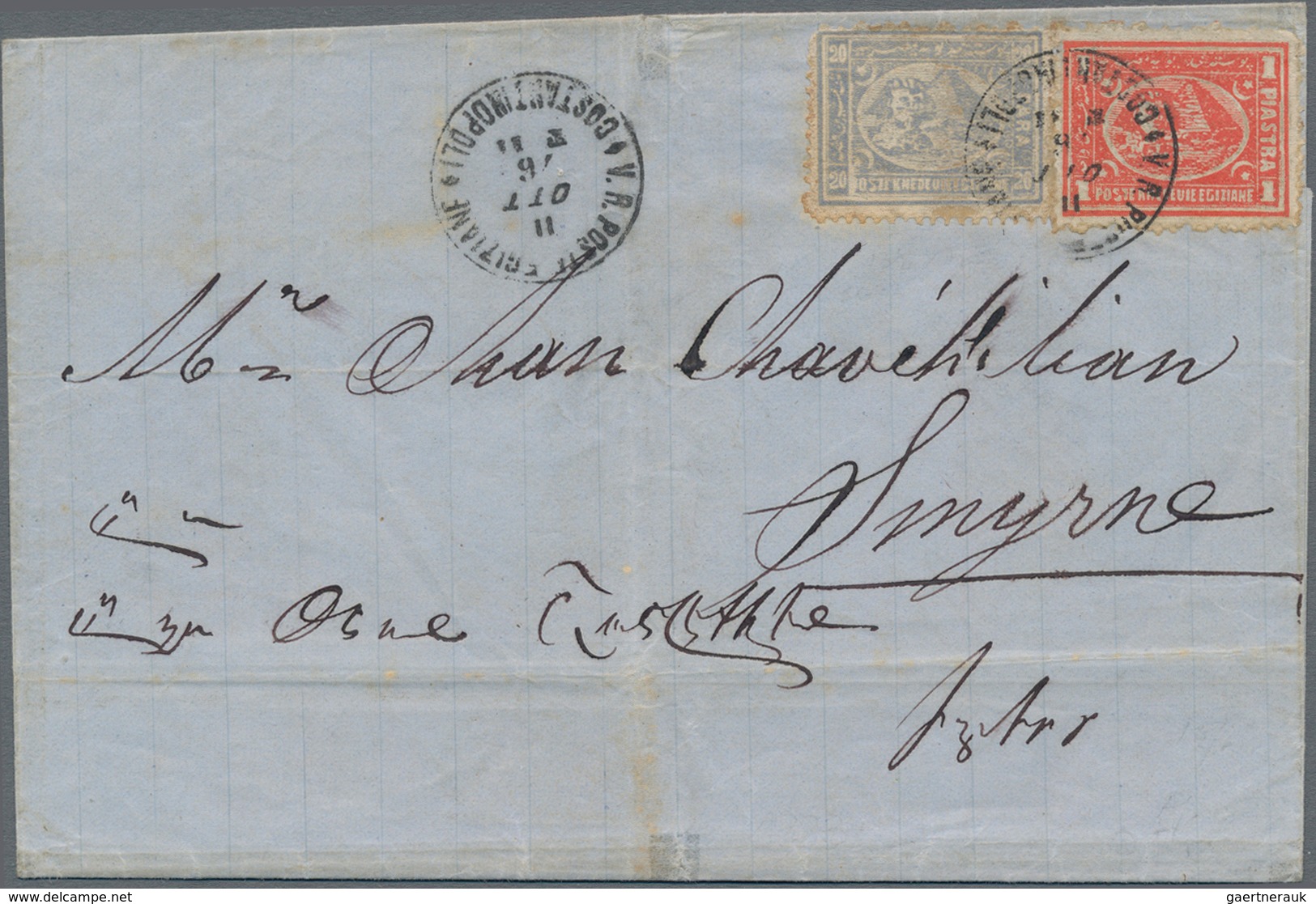 Ägypten: 1876, 1 Pia. Carmine And 20 Para Greyish Blue Tied "CONSTANTINOPOLI 11 OTT 76" To Folded En - 1915-1921 Protectorat Britannique