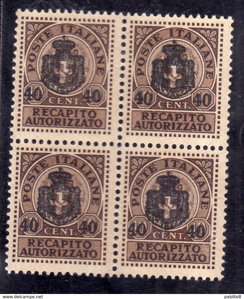 ITALY KINGDOM ITALIA REGNO 1945 LUOGOTENENZA RECAPITO AUTORIZZATO CENT.40 SU 10 MNH QUARTINA BLOCK - Geautoriseerde Privédienst